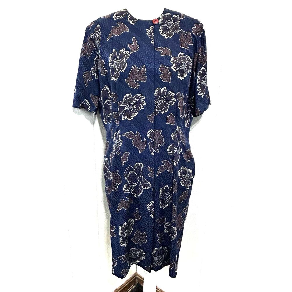 Vintage 80s Liz Claiborne women's Navy Blue Floral 100% Silk Midi Dress size 10